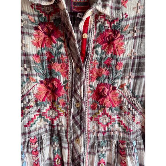 Johnny Was Candice Smock Plaid Floral Button Up Ladies Medium Top/Shirt/Blouse - Picture 15 of 16